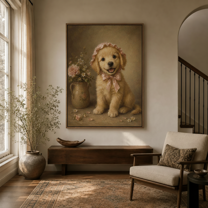 Golden puppy pink bonnet Victorian portrait canvas in float frame above dark walnut entryway credenza, warm sepia tones