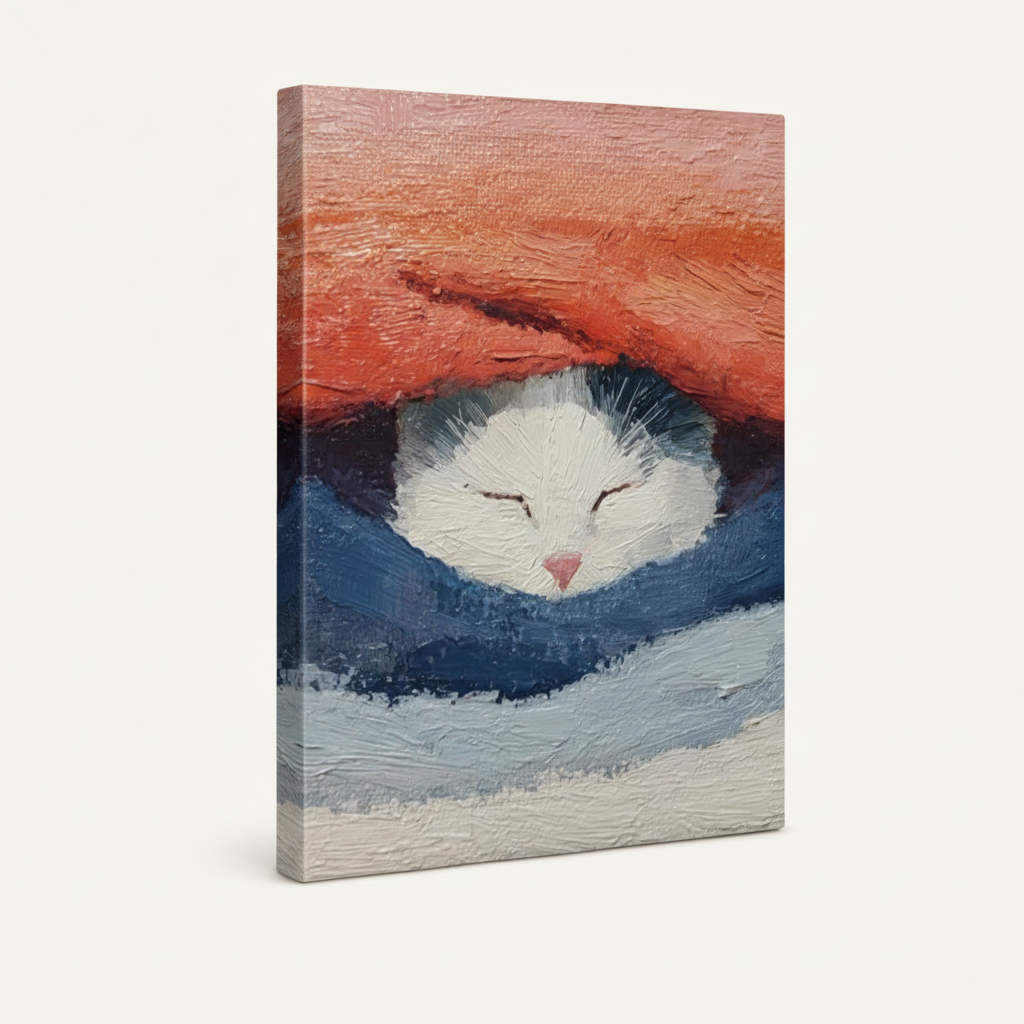 Gallery wrapped sleeping cat canvas art angled shot showing warm coral and navy wrap edges and depth