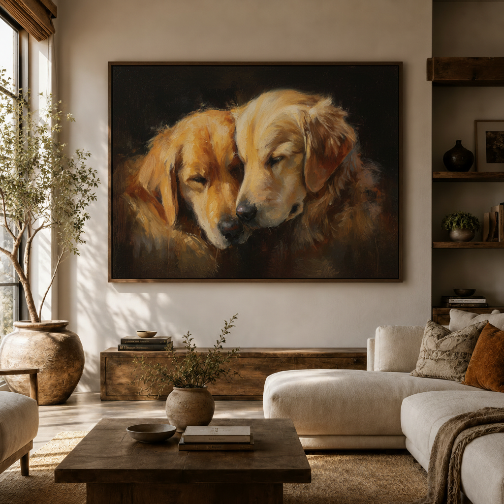 Two golden retrievers chiaroscuro canvas wall art above console in bright living room white sofa