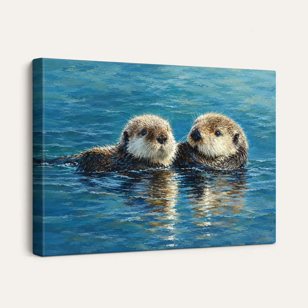 Gallery-wrapped sea otter canvas print with deep blue ocean water and soft light reflections on white background
