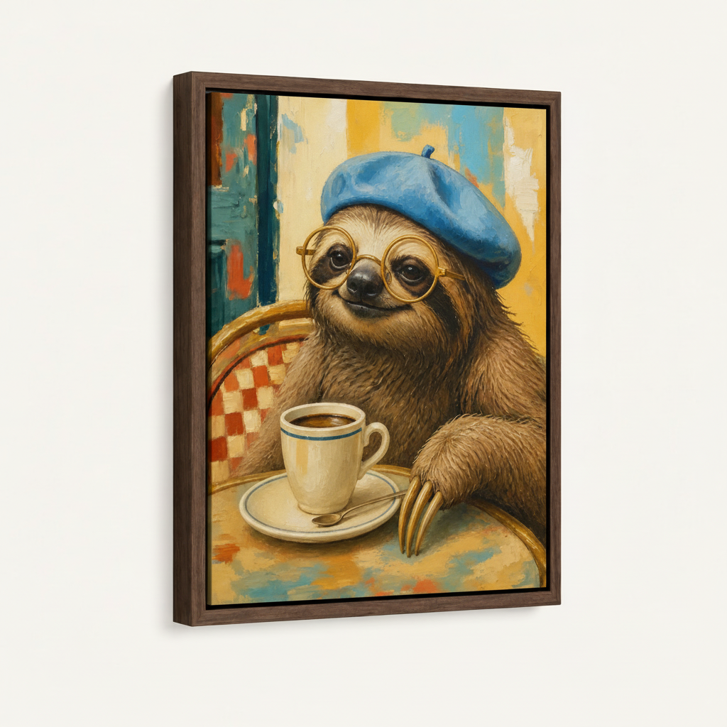 Float-framed café sloth canvas shown at three-quarter angle with dark walnut frame on off-white background