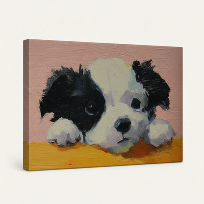 Gallery-wrapped puppy canvas art on white background showing blush gold brushstroke texture and side depth