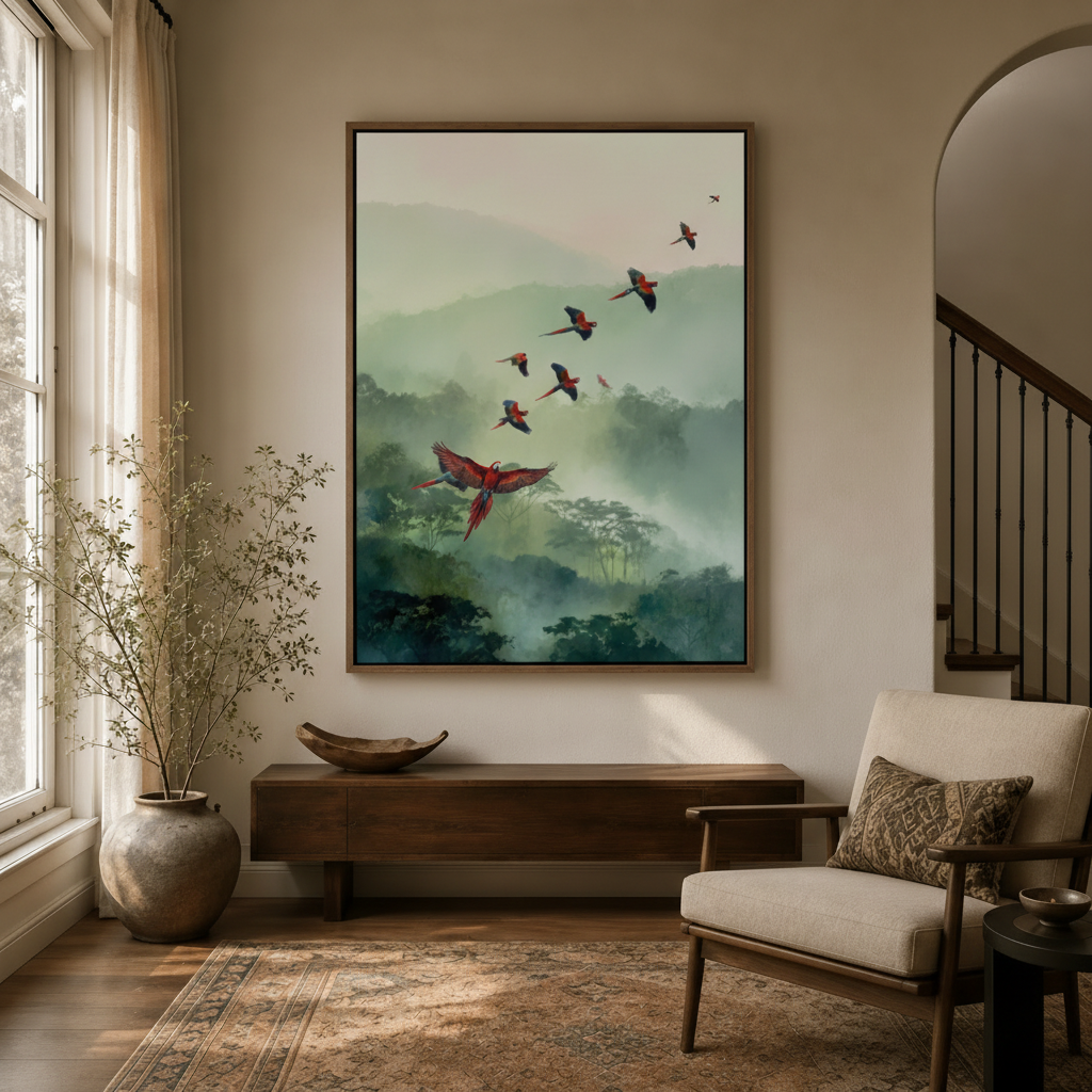 Scarlet macaw misty rainforest canvas hung above console in bright entryway with Persian rug and arched doorway