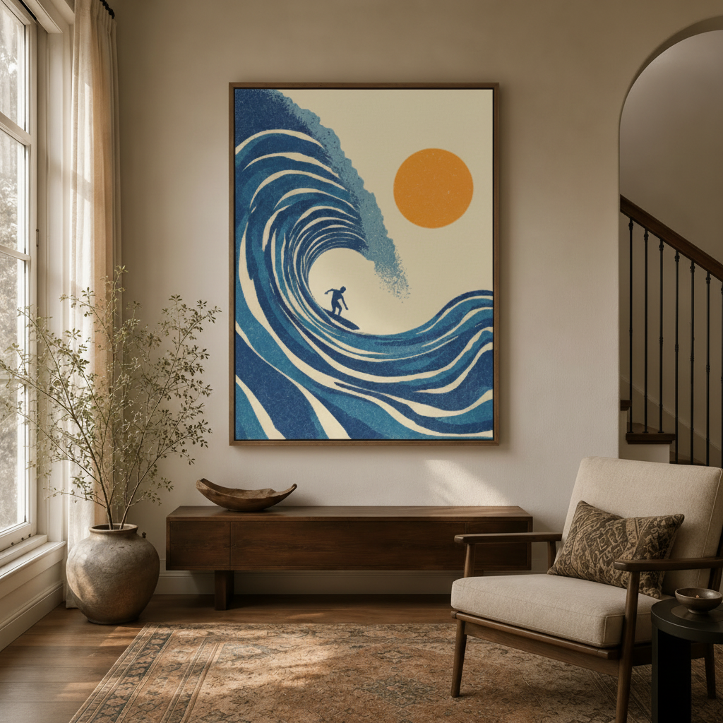 Graphic ocean wave surfer canvas in walnut float frame displayed in bright modern entryway