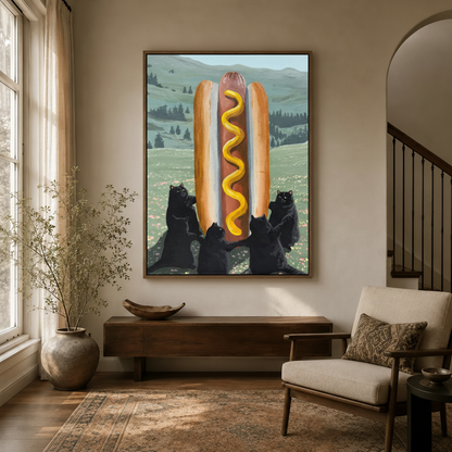 Humorous black cats hot dog canvas wall art displayed in elegant entryway with dark wood console