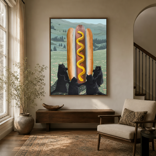 Humorous black cats hot dog canvas wall art displayed in elegant entryway with dark wood console