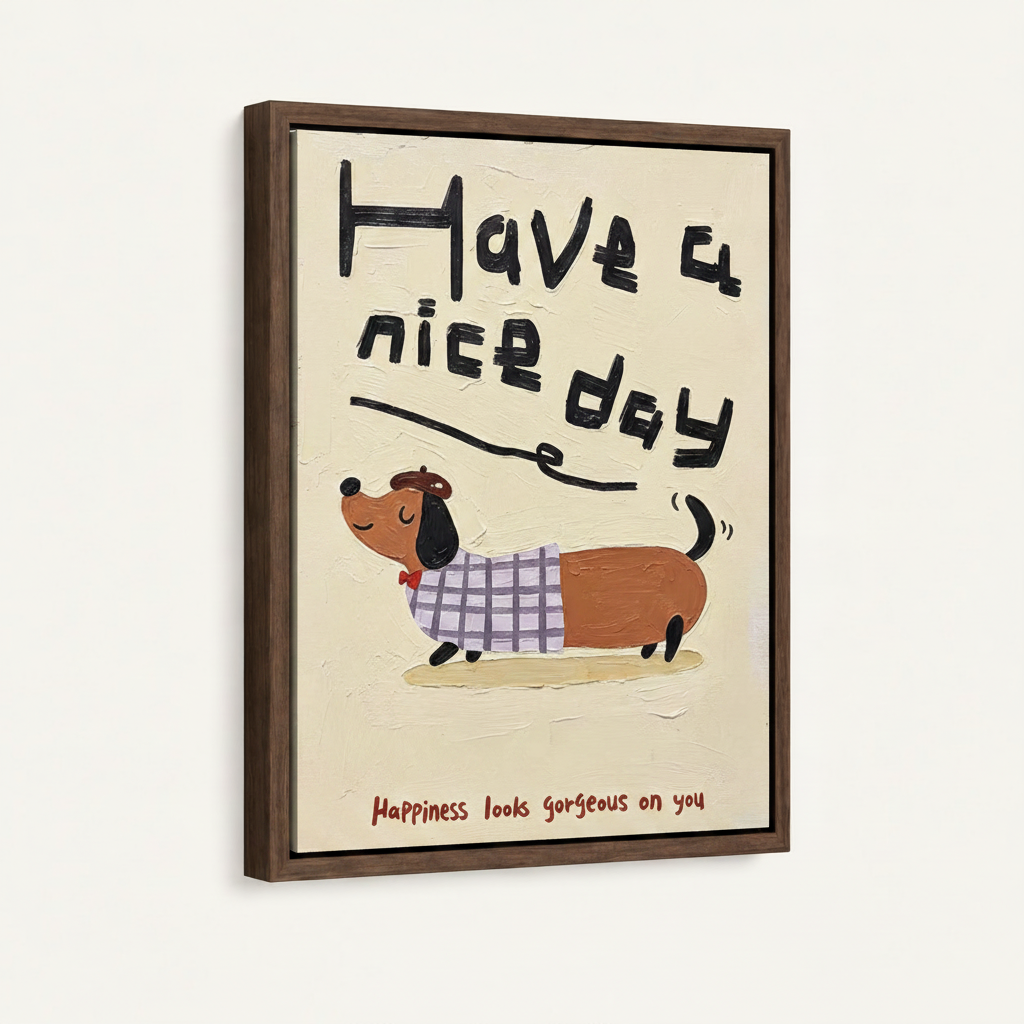 Framed funny dachshund impasto canvas print in dark walnut float frame, front-facing product display