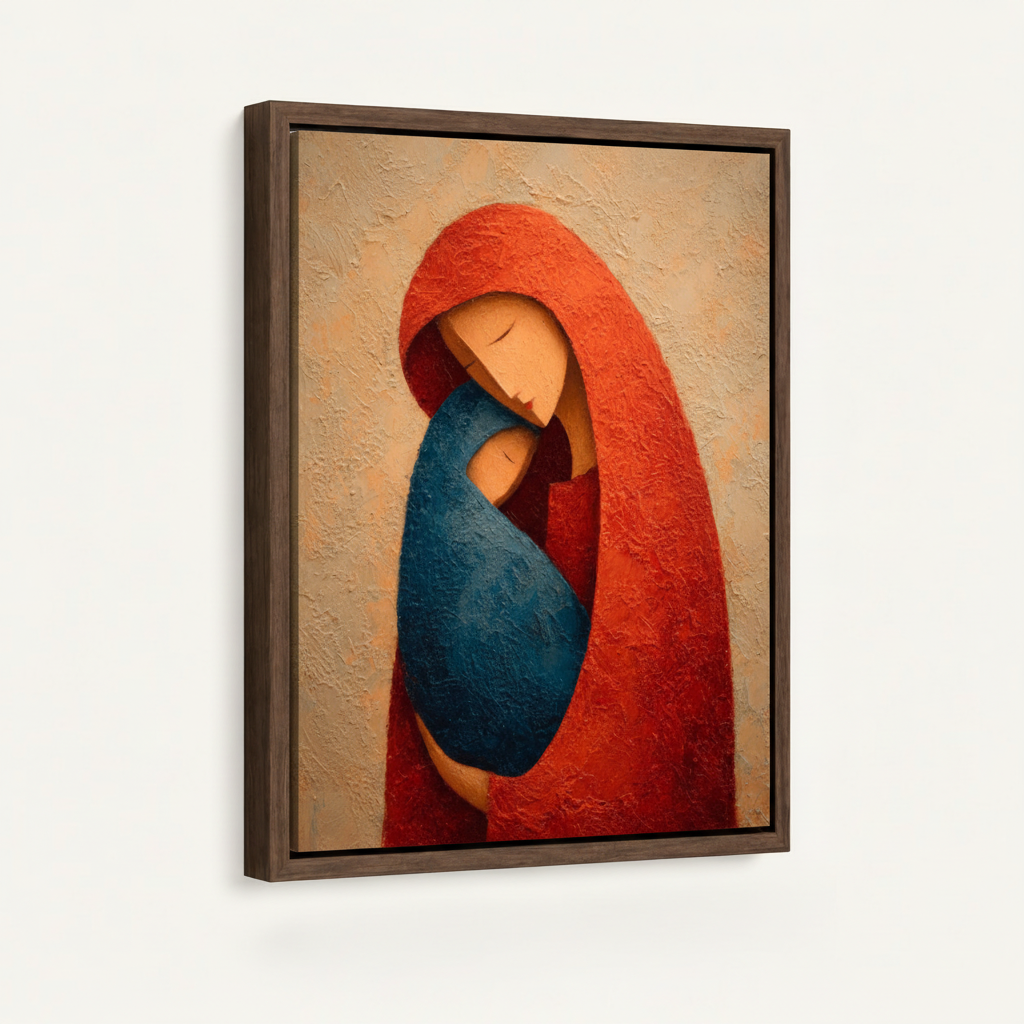Float framed minimalist mother child impasto canvas on clean off-white background