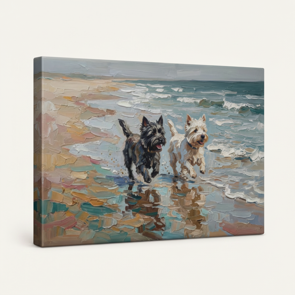 Gallery wrapped dogs running on beach canvas print side angle view on white background