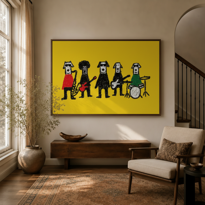 Framed cartoon dog band canvas wall art in bright entryway with staircase and armchair