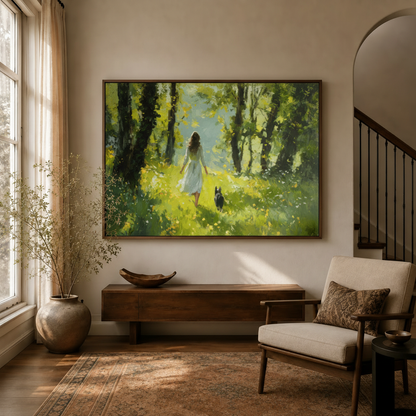 Framed sunlit forest woman and cat canvas wall art above sideboard in warm modern entryway sitting room