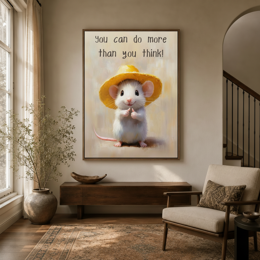 Cute mouse yellow hat thumbs-up quote canvas in float frame above dark walnut entryway credenza, warm golden tones