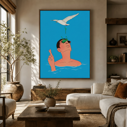 Funny seagull attack illustration canvas print hanging in bright modern living room