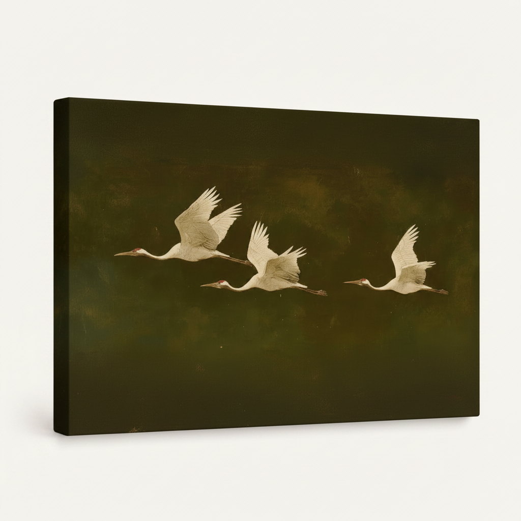Gallery-wrapped flying cranes oil painting canvas mockup showing depth and dark olive-green side edge