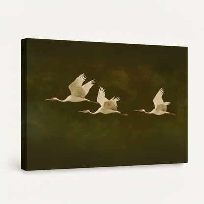 Gallery-wrapped flying cranes oil painting canvas mockup showing depth and dark olive-green side edge