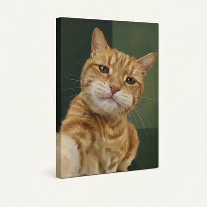 Gallery-wrapped orange tabby cat portrait canvas displayed at an angle on white background, no frame