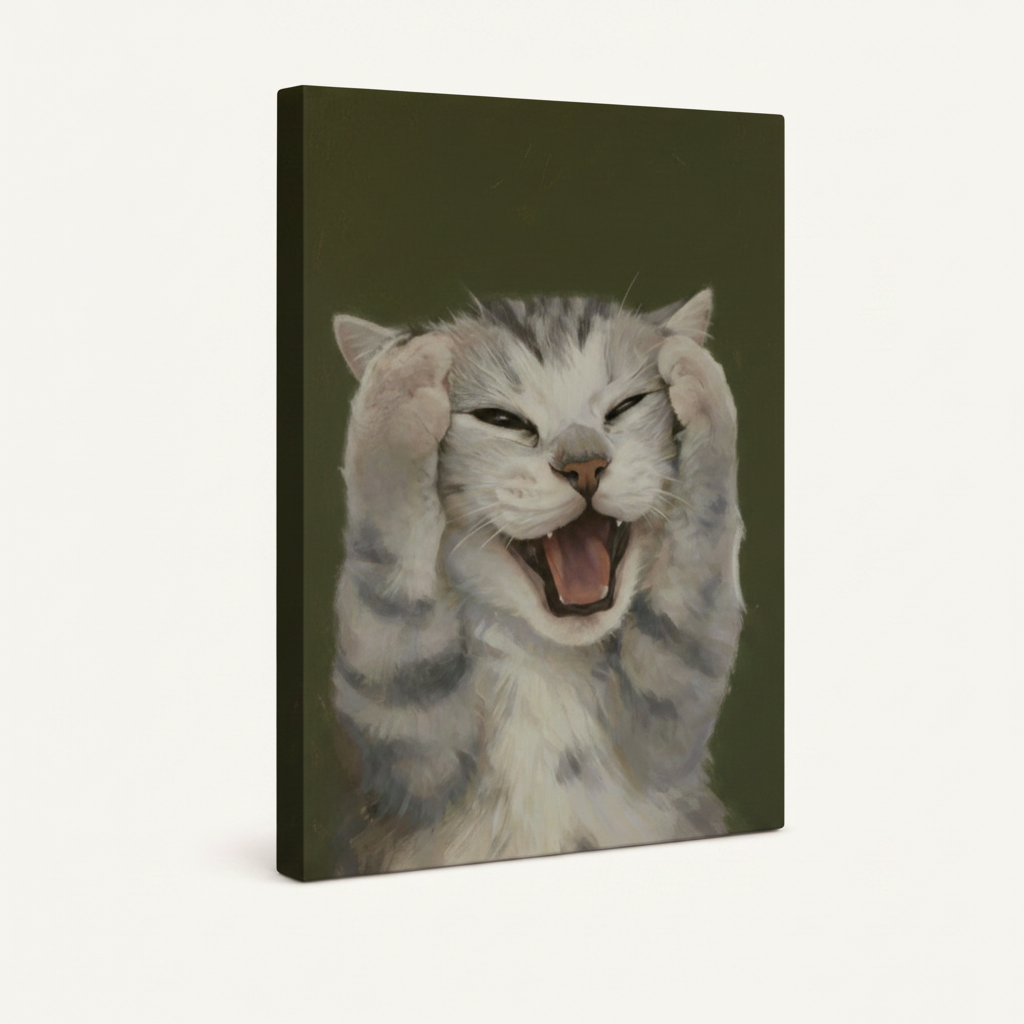 Gallery-wrapped cat canvas art shown at an angle, revealing thick painted edges and bold olive green background