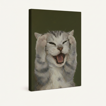 Gallery-wrapped cat canvas art shown at an angle, revealing thick painted edges and bold olive green background