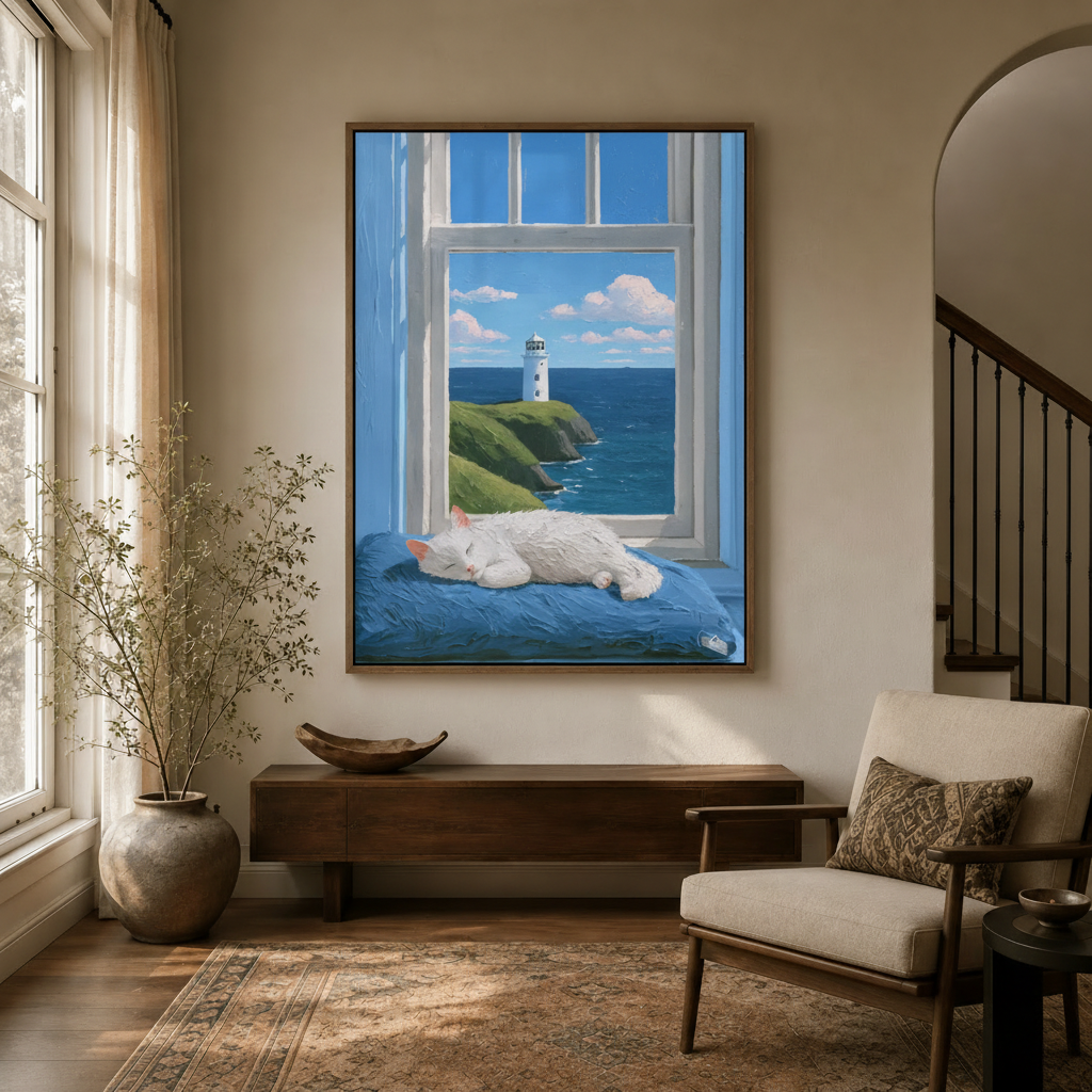 White cat window lighthouse impasto canvas in walnut frame displayed in bright entryway above console