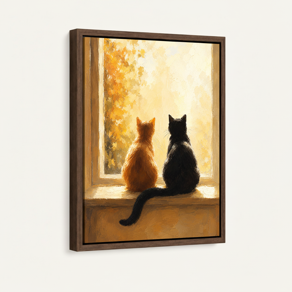 Framed two cats windowsill canvas wall art in dark walnut float frame, 3D angled product view