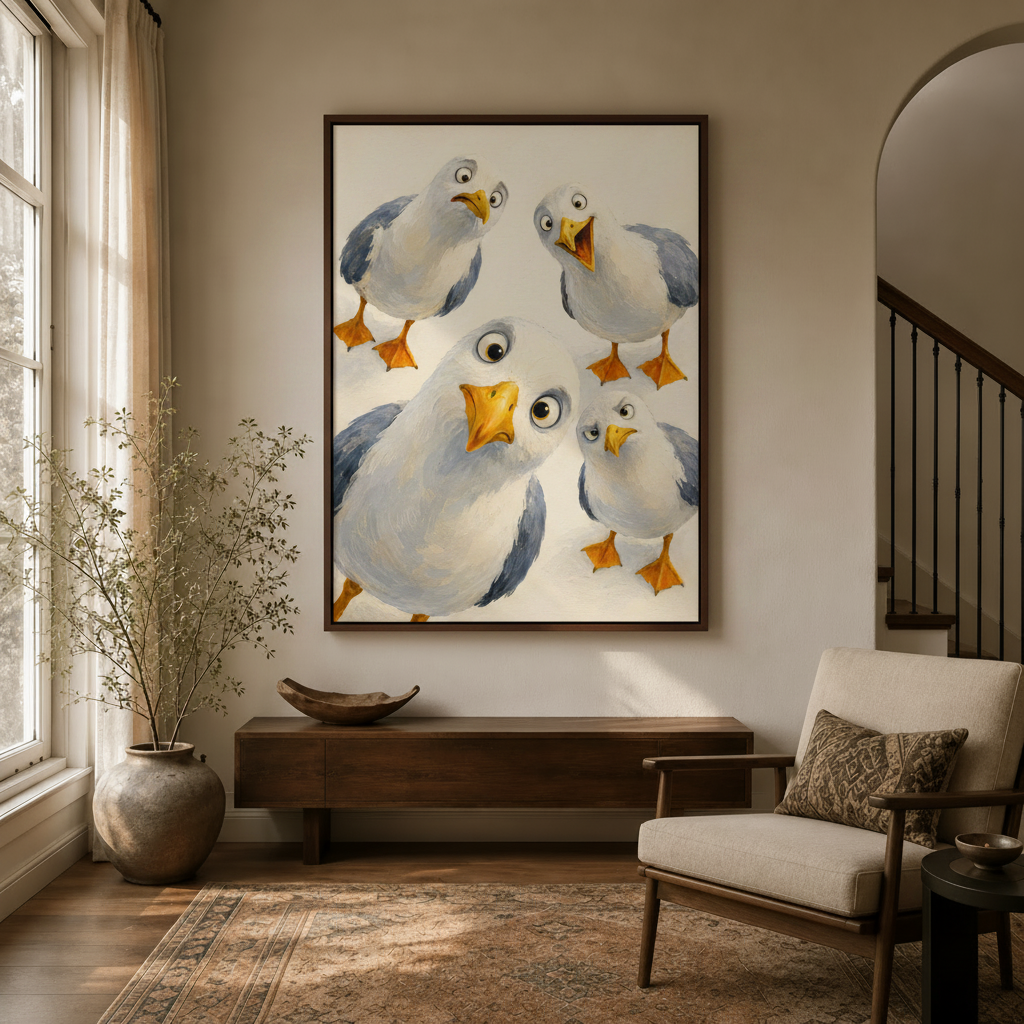 Funny bird canvas wall art displayed in warm entryway with arched doorway