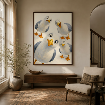Funny bird canvas wall art displayed in warm entryway with arched doorway