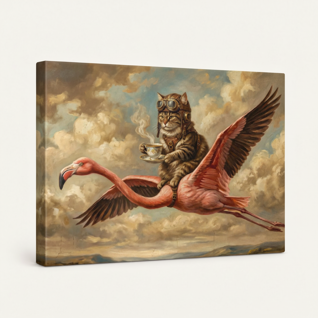 Gallery wrapped surrealist cat flamingo canvas print showing painted side wrap edges on white background