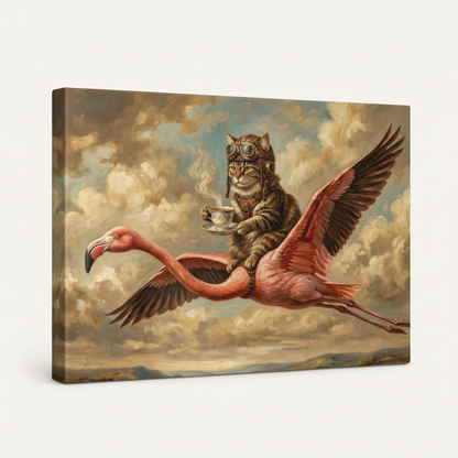 Gallery wrapped surrealist cat flamingo canvas print showing painted side wrap edges on white background