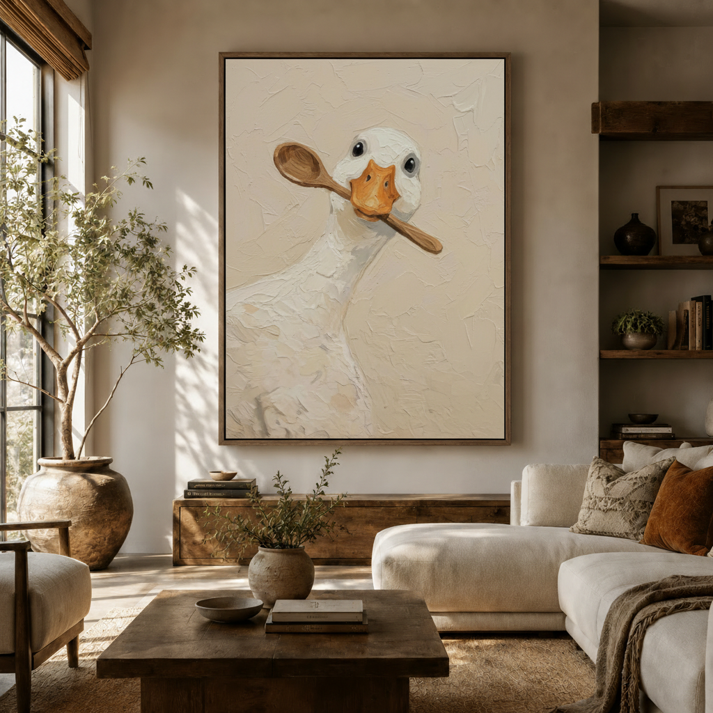 Large white goose spoon canvas art in walnut float frame displayed in bright boho living room with olive tree