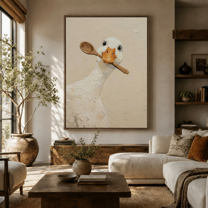 Large white goose spoon canvas art in walnut float frame displayed in bright boho living room with olive tree