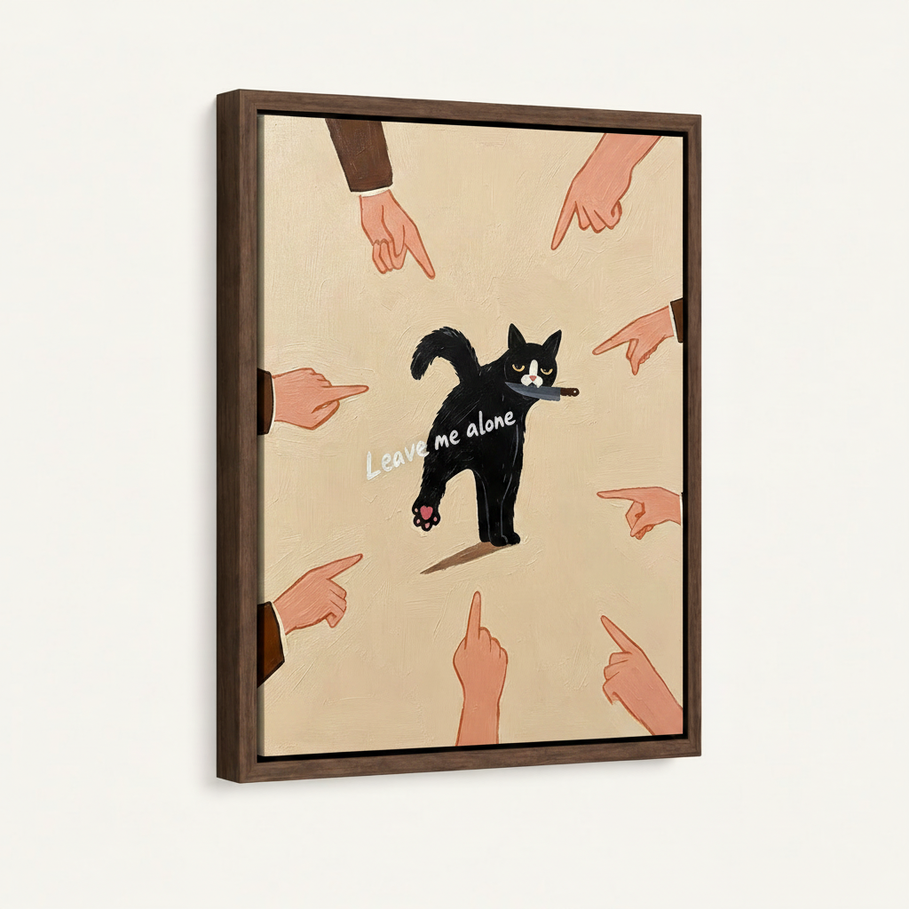 Framed canvas close-up of defiant black cat holding knife surrounded by pointing fingers on beige background