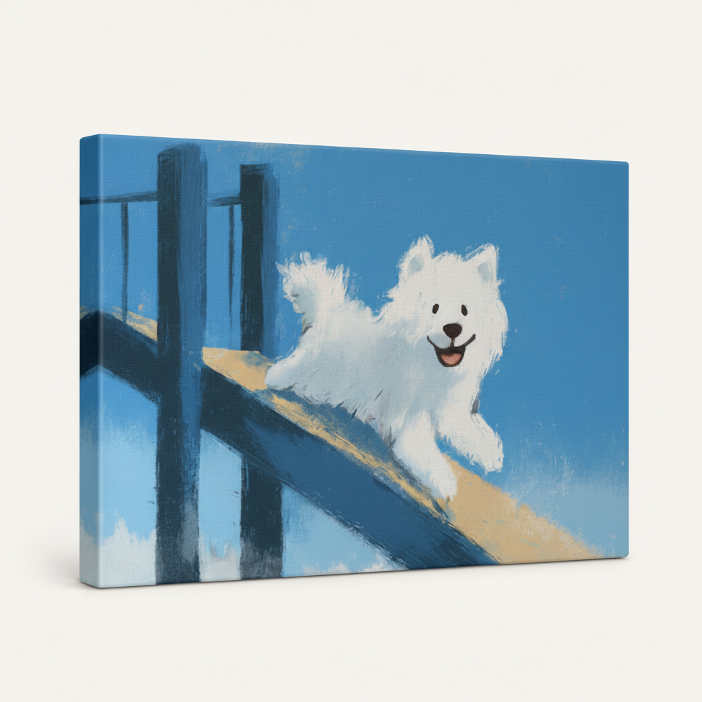 Angled gallery-wrapped white dog canvas showing blue pool artwork across frameless edges