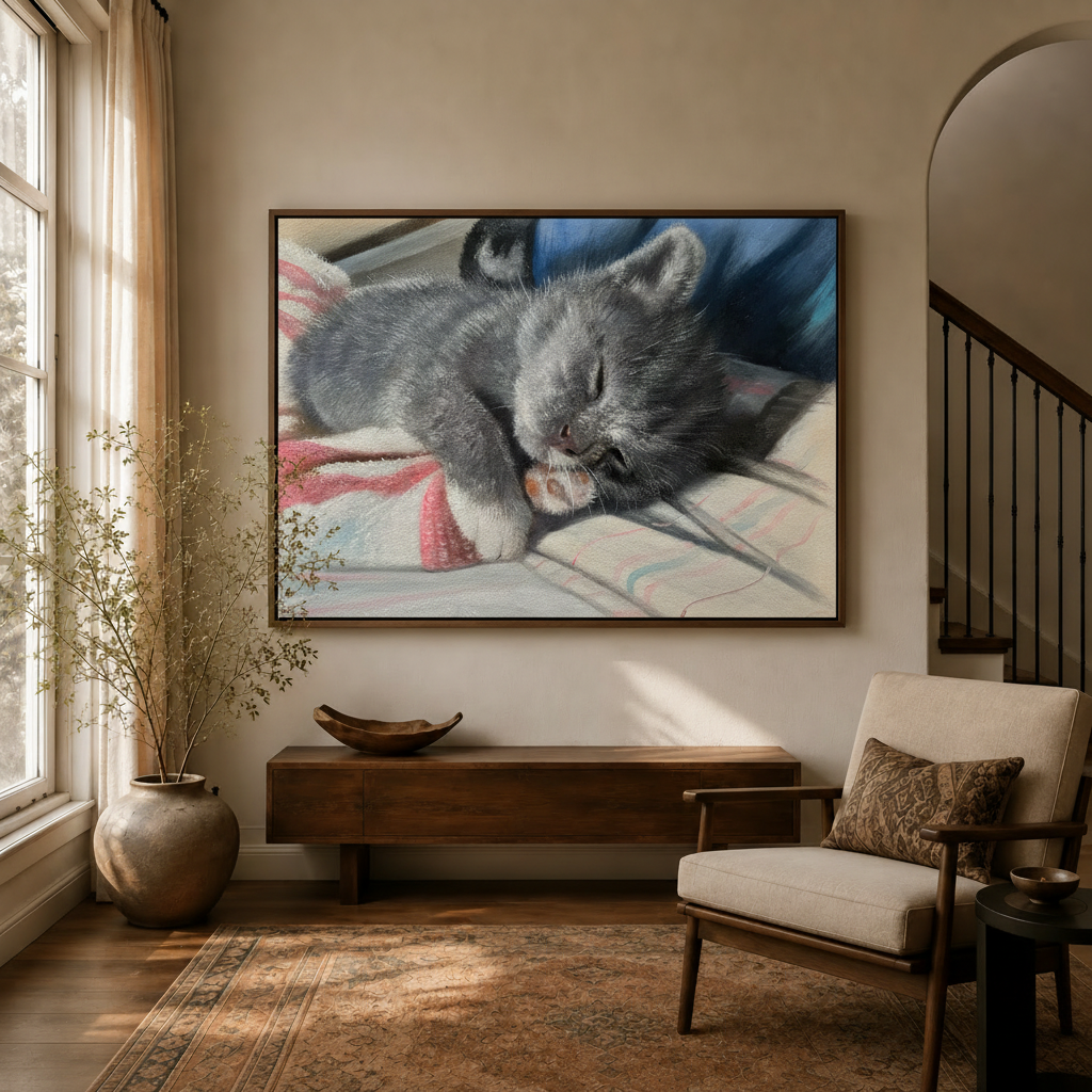 Large framed sleeping kitten impressionist canvas wall art in modern living space with staircase