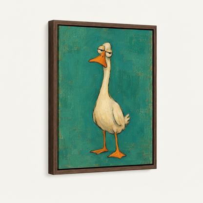Dark walnut float frame canvas of whimsical goose painting, 3/4 angle product view