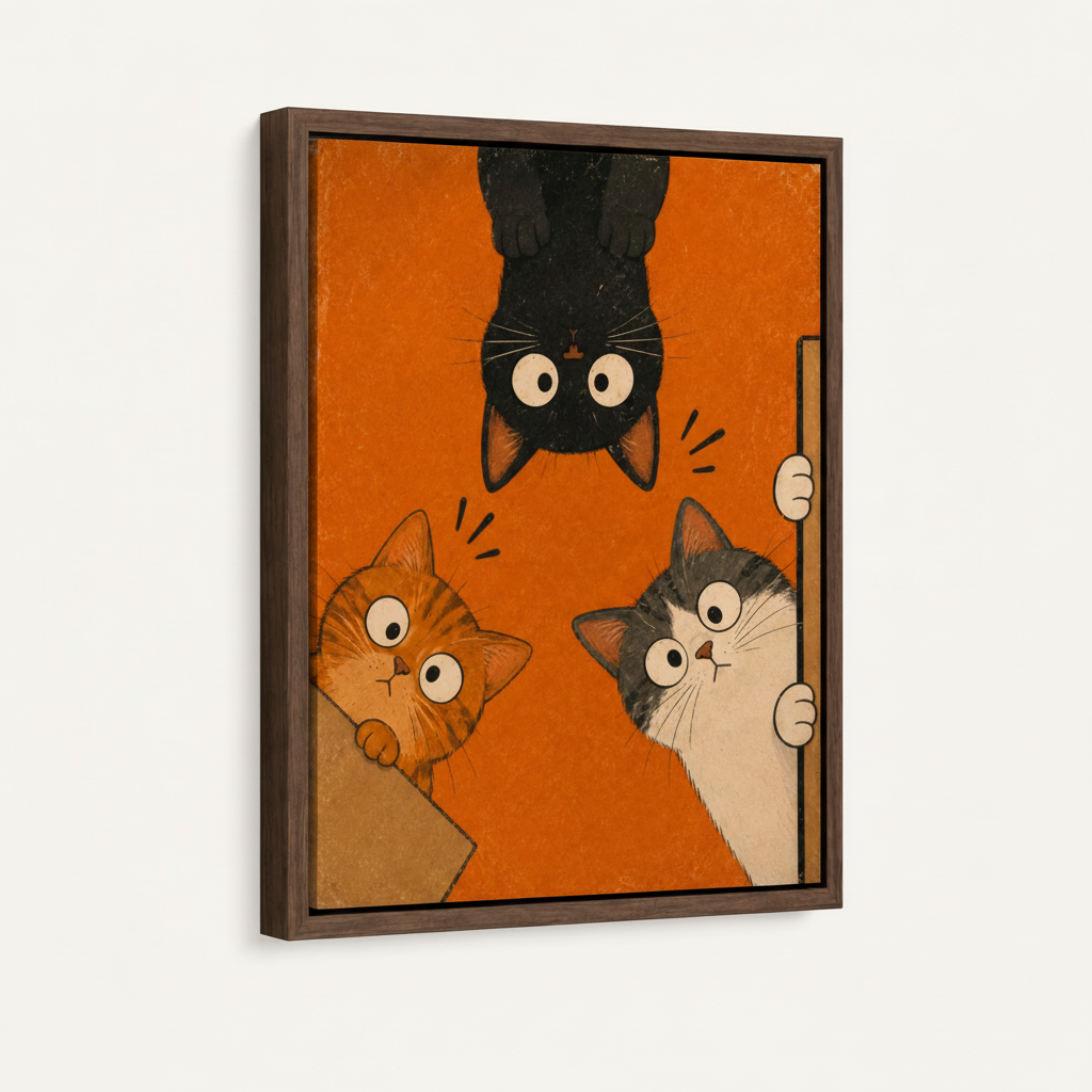 Dark walnut float frame canvas print of funny three cats retro cartoon, product side view