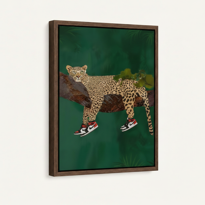 Leopard in Jordans framed canvas print with dark walnut float frame on white background
