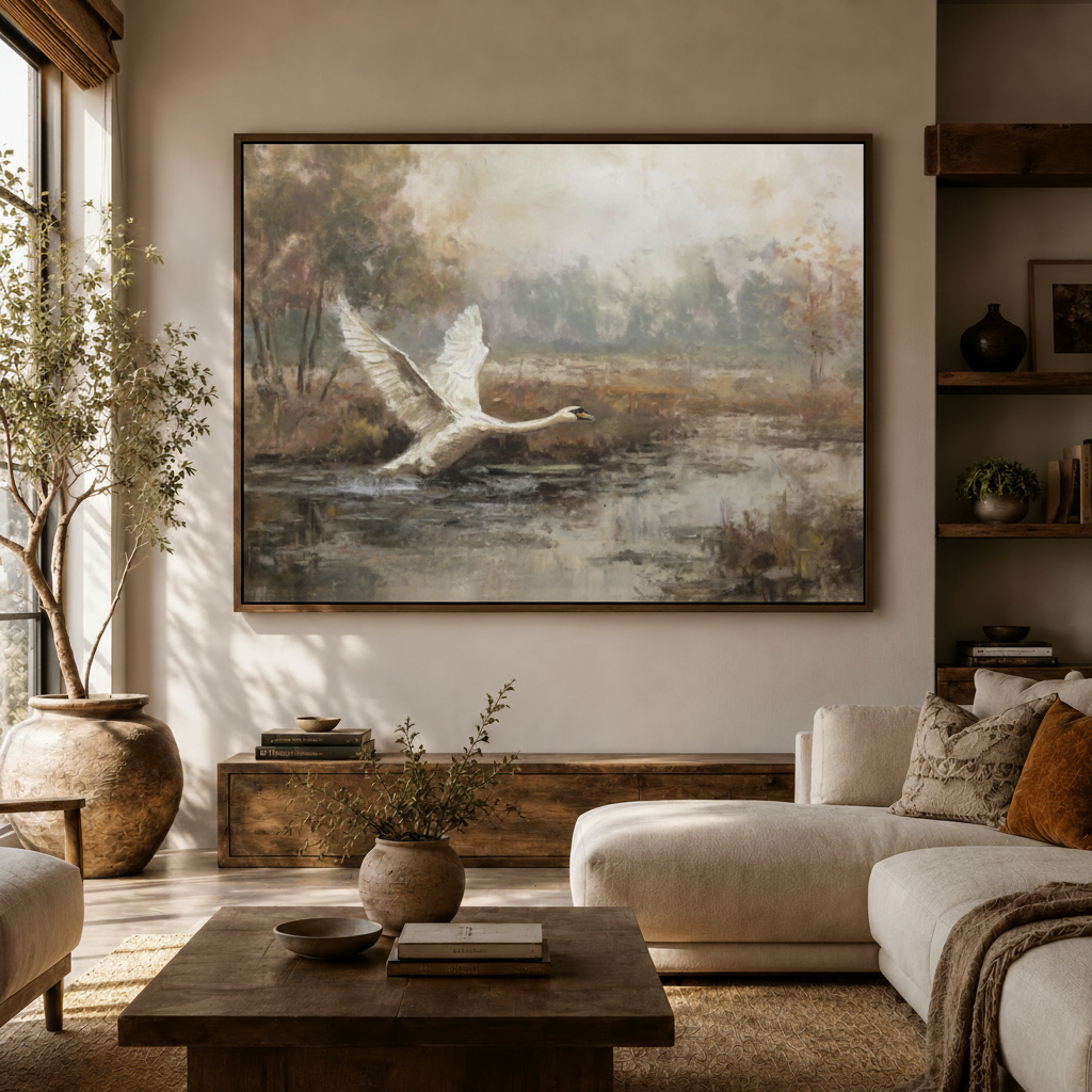White swan wetland classical canvas wall art above console in bright Japandi living room white sofa