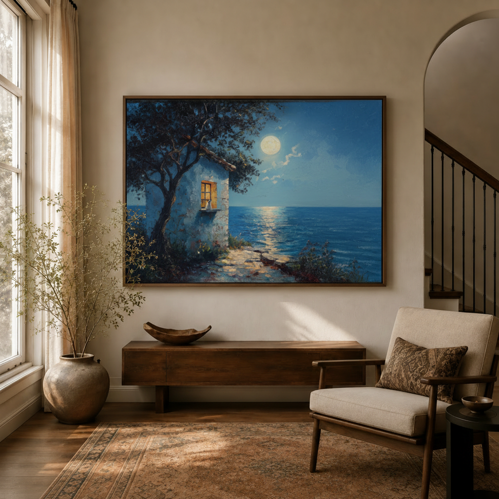 Framed moonlit night coastal canvas wall art above sideboard in warm modern entryway sitting room