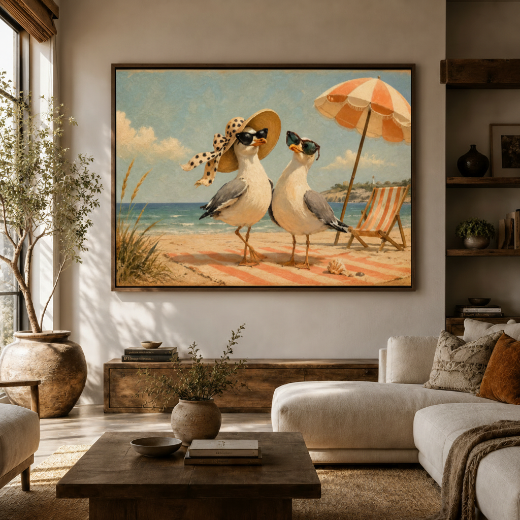 Two beach seagulls sunglasses retro canvas wall art above console in bright Japandi living room white sofa