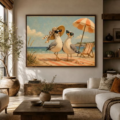 Two beach seagulls sunglasses retro canvas wall art above console in bright Japandi living room white sofa