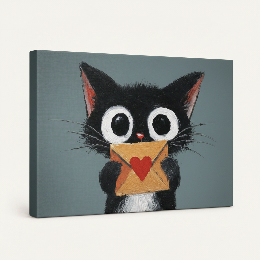 Gallery-wrapped black cat canvas art on white background showing blue-gray brushstroke texture and canvas side depth