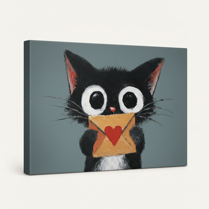 Gallery-wrapped black cat canvas art on white background showing blue-gray brushstroke texture and canvas side depth