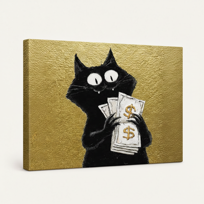Gallery-wrapped black cat cash canvas art on white background showing textured gold surface and side depth