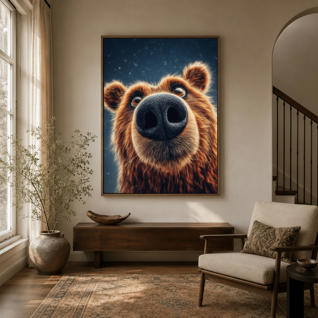Large framed funny bear close-up canvas art above a console table in a warm neutral entryway with staircase