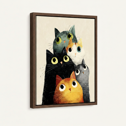 Framed watercolor canvas print of five stacked cats with expressive eyes, dark walnut float frame, angled product view