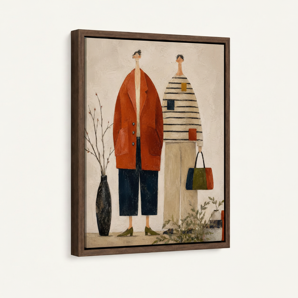 Framed canvas wall art with dark walnut float frame, folk art women illustration, white background

