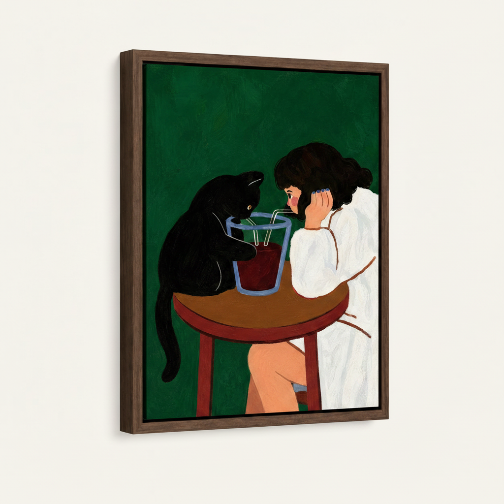 Black cat and girl sharing drink modern illustration canvas print in dark walnut floating frame on white background