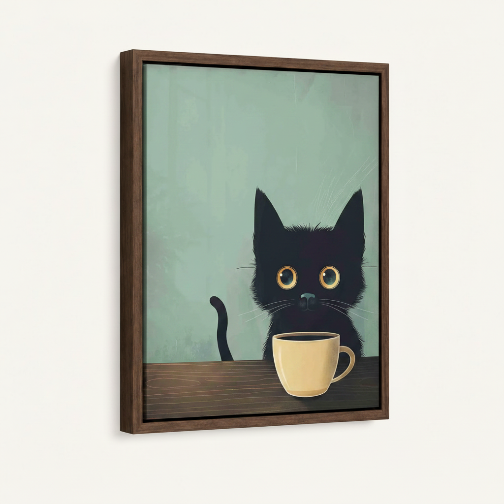 Black cat minimalist canvas art in dark walnut float frame on clean white background