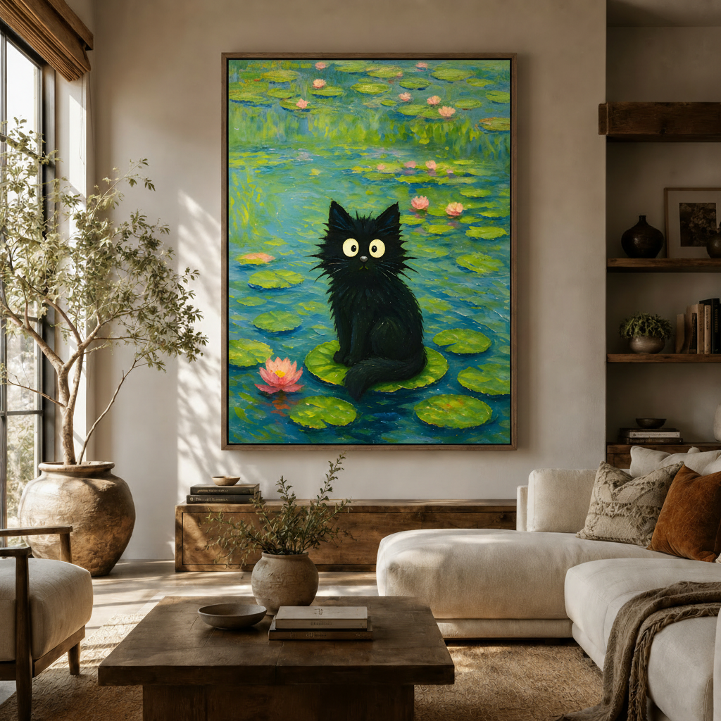 Whimsical black cat impressionist art print in thin wood float frame hung in a bright modern living room