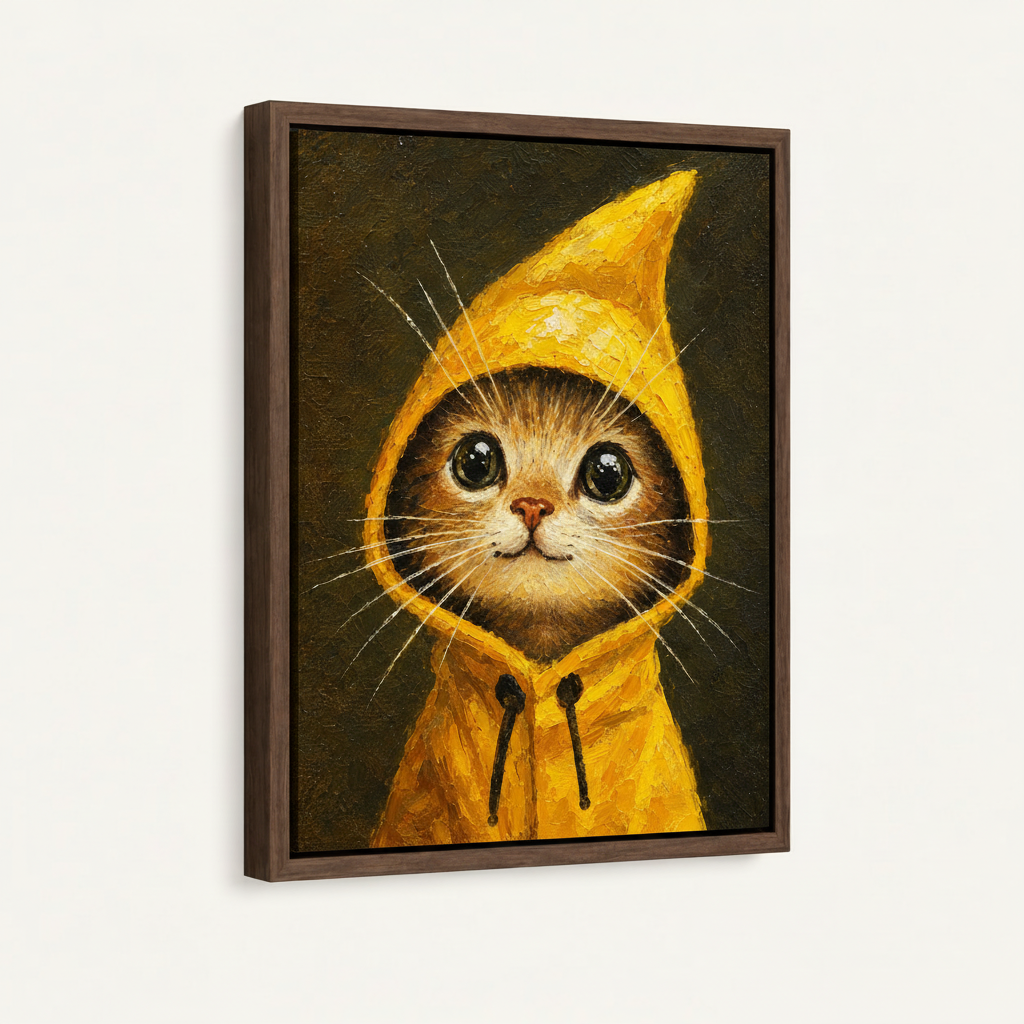 Framed whimsical cat oil painting in dark walnut float frame, studio product photography